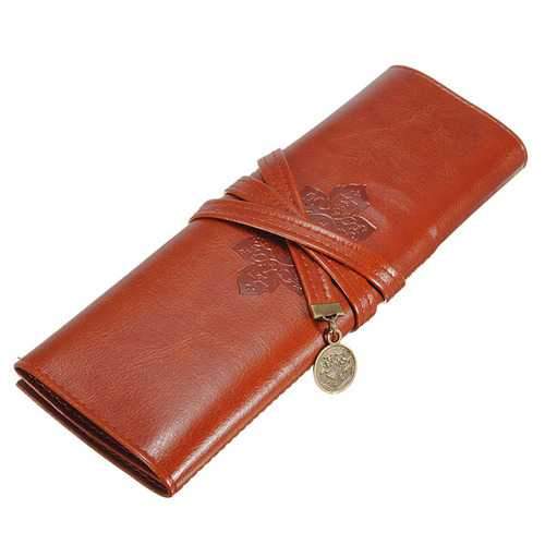 Leather Folding Strap Case Makeup Cosmetic Brush Pouch